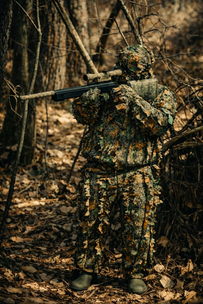 Joueur d’airsoft en tenue ghillie de camouflage réalisant une mission de reconnaissance en forêt en Dordogne.