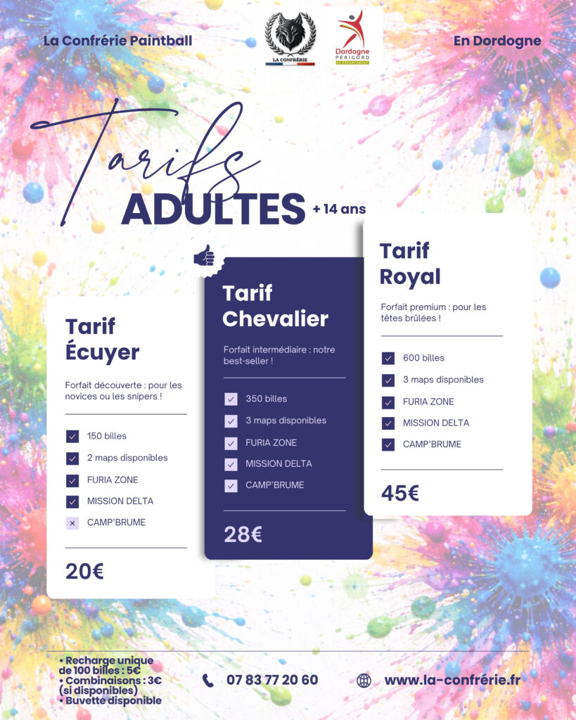 Tarifs adultes du paintball La Confrérie en Dordogne avec différents forfaits de billes et accès aux terrains.