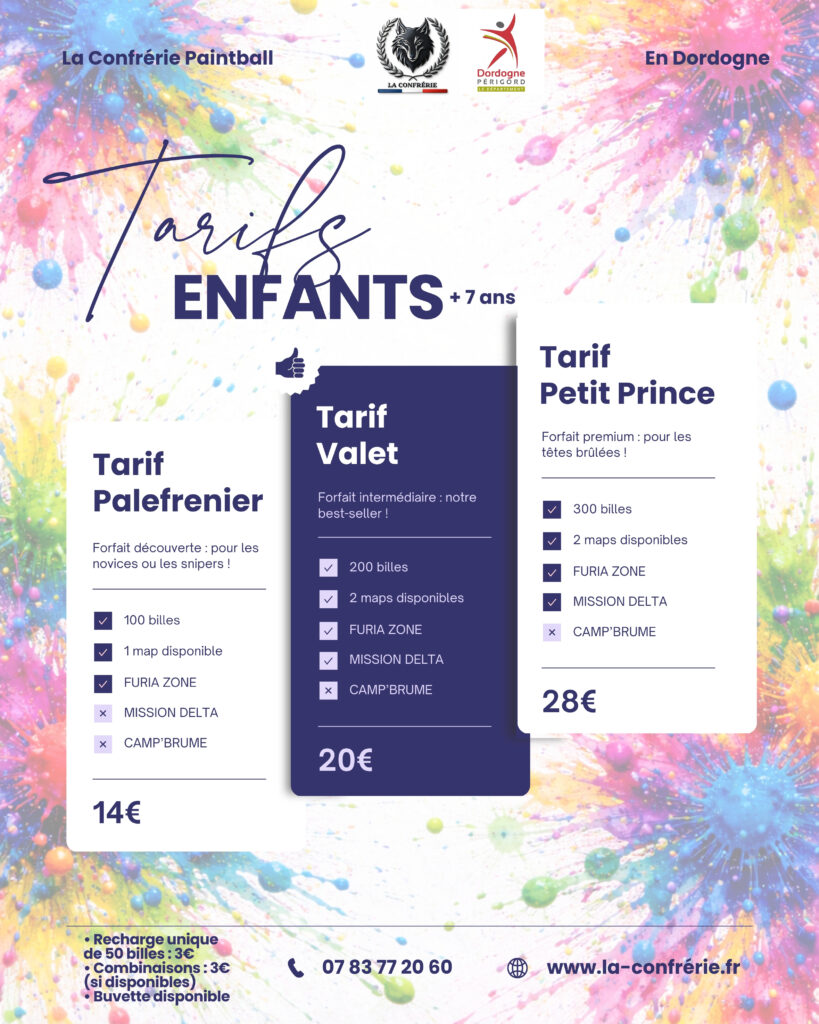 Tarifs paintball enfants dès 7 ans à La Confrérie en Dordogne avec plusieurs forfaits adaptés aux jeunes joueurs.